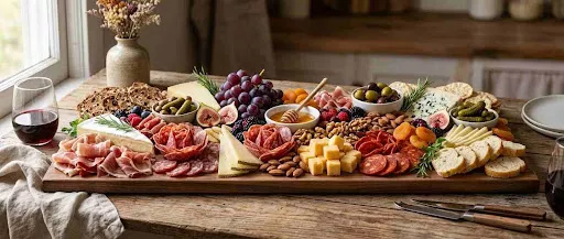 Beautifully styled charcuterie board with layered ingredients