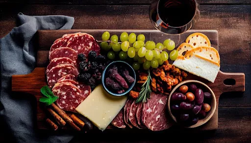 charcuterie board with meats cheeses fruits and nuts
